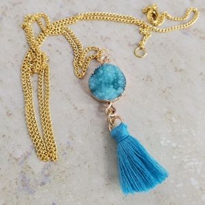 CLOSET CLOSING Blue & Gold Acrylic Druzy Tassel Necklace